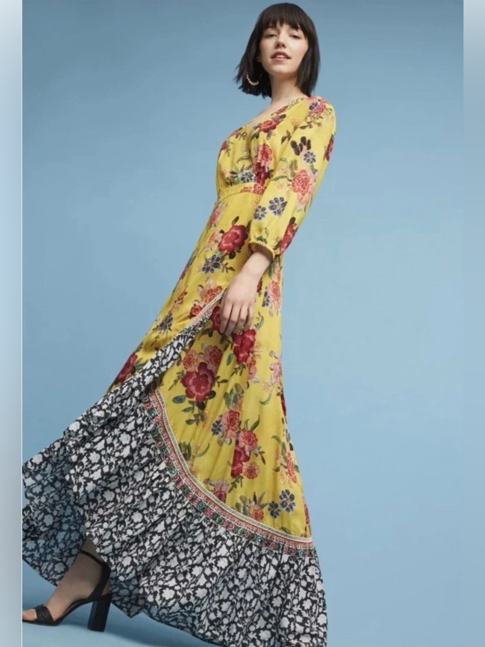 Farm Rio Maxi dress yellow black Floral wrap Anthropology Sz XS